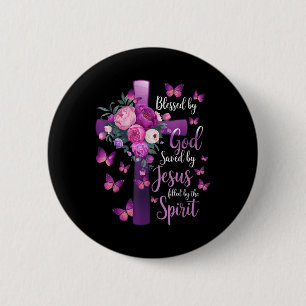 Blessed By God Saved By Jesus Purple Floral Cross 2 Inch Round Button