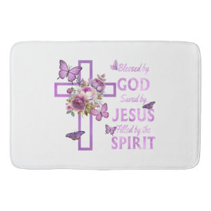 Blessed by God Saved by Jesus Purple Floral Cross Bath Mat