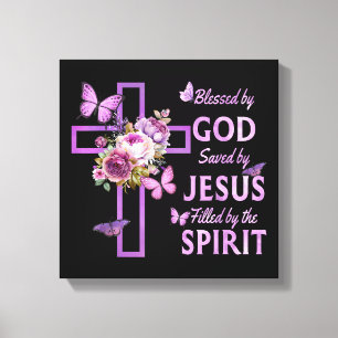 Blessed by God Saved by Jesus Purple Floral Cross Canvas Print