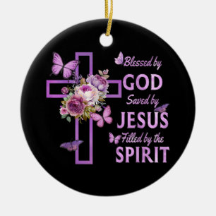 Blessed by God Saved by Jesus Purple Floral Cross Ceramic Ornament