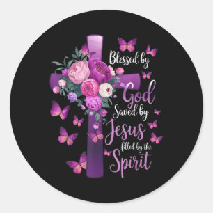 Blessed By God Saved By Jesus Purple Floral Cross  Classic Round Sticker