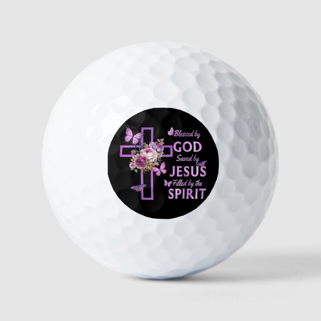 Blessed by God Saved by Jesus Purple Floral Cross  Golf Balls (Front)