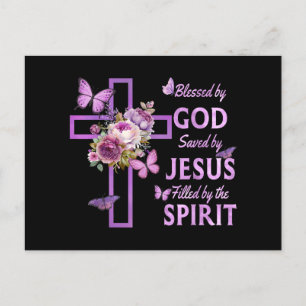 Blessed by God Saved by Jesus Purple Floral Cross Holiday Postcard