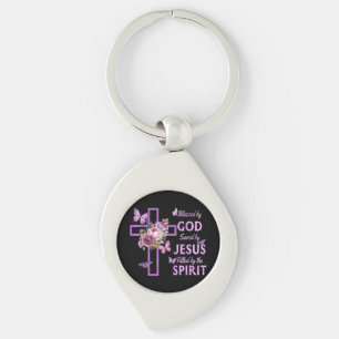 Blessed by God Saved by Jesus Purple Floral Cross Keychain