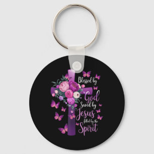 Blessed By God Saved By Jesus Purple Floral Cross Keychain