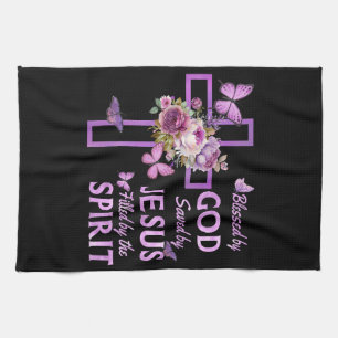 Blessed by God Saved by Jesus Purple Floral Cross Kitchen Towel