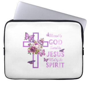 Blessed by God Saved by Jesus Purple Floral Cross Laptop Sleeve