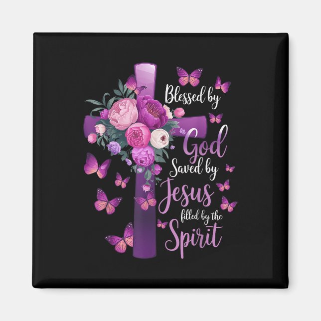 Blessed By God Saved By Jesus Purple Floral Cross  Magnet (Front)