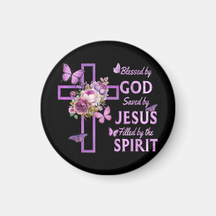 Blessed by God Saved by Jesus Purple Floral Cross  Magnet