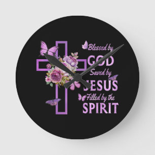 Blessed by God Saved by Jesus Purple Floral Cross Round Clock