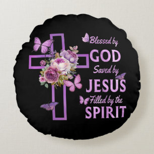 Blessed by God Saved by Jesus Purple Floral Cross Round Pillow