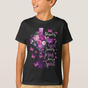 Blessed By God Saved By Jesus Purple Floral Cross  T-Shirt