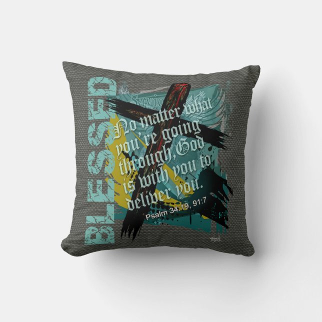 Blessed Christian Bible Scripture Psalm 34:19 91:7 Throw Pillow (Front)