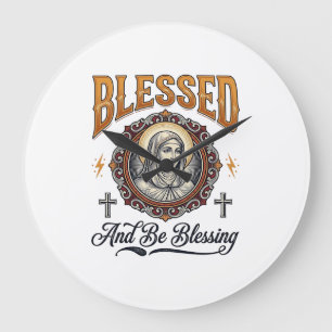 Blessed Christian Vintage Engraving T-Shirt Design Large Clock