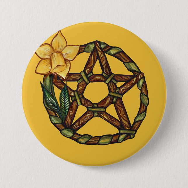 Blessed Daffodil Pentacle Ostara Art               3 Inch Round Button (Front)