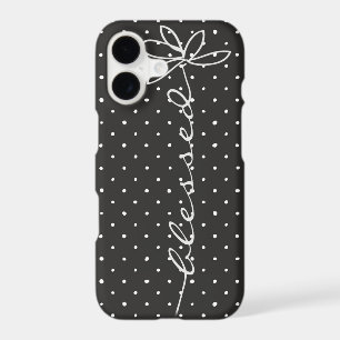 Blessed daisy on black with white polka dots