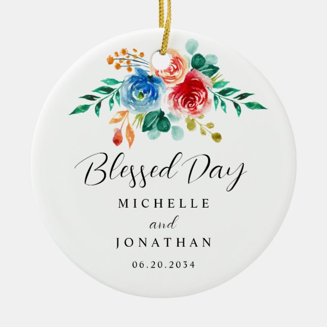 Blessed Day Pink Blue Floral Bible Verse Wedding Ceramic Ornament (Front)