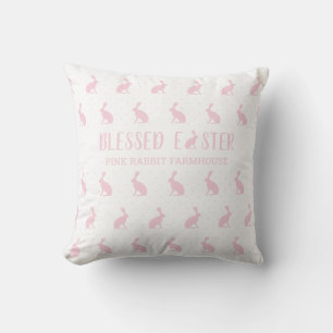 Blessed Easter. Soft Pink Rabbit Farmhouse Pattern Throw Pillow