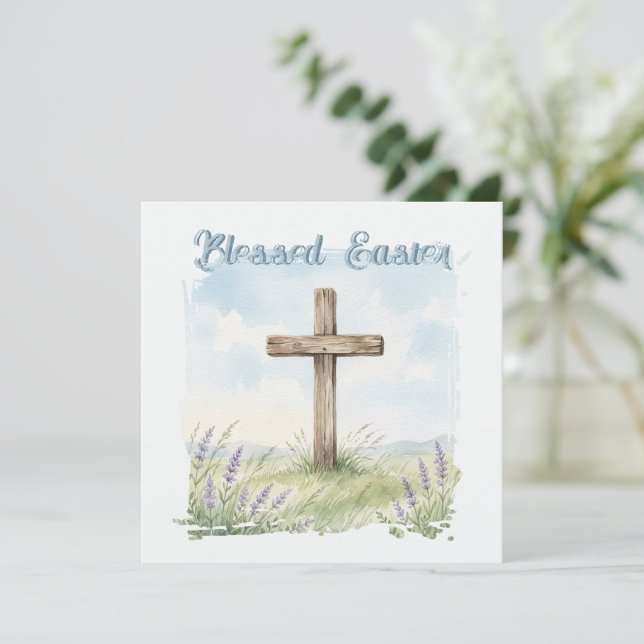 Blessed Easter Watercolor Easter Cross Greeting Card (Standing Front)