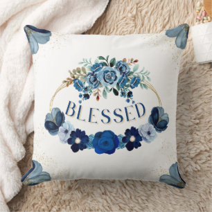 BLESSED Elegant Blue Gold Floral Inspiration Throw Pillow