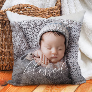 Blessed   Elegant Script Overlay Photo Throw Pillow