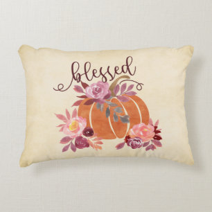 Blessed - Fall Pumpkin with Pink Flowers Accent Pillow