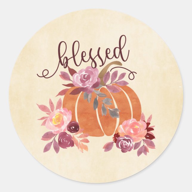 Blessed - Fall Pumpkin with Pink Flowers Classic Round Sticker (Front)