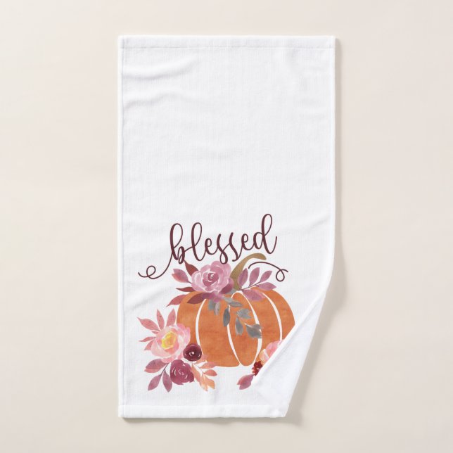 Blessed - Fall Pumpkin with Pink Flowers Hand Towel (Hand Towel)