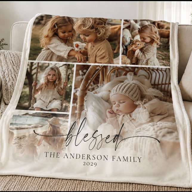Blessed Family Photo Collage Keepsake  Fleece Blanket (Blessed Elegant Photo Collage Blanket)