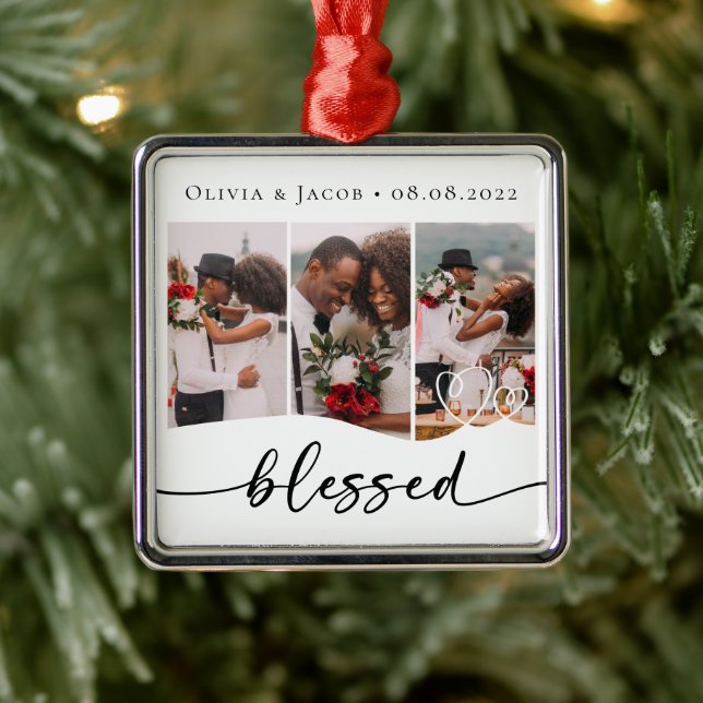 Blessed First Christmas Wedding Photo Metal Ornament (Tree)