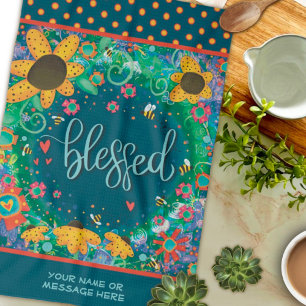 Blessed Floral Bees Hearts Fun Quote Name Kitchen Towel