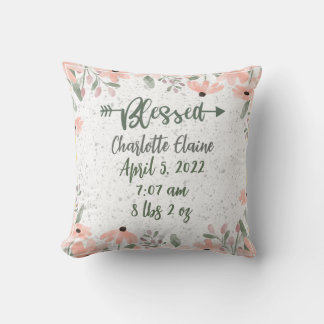 Blessed Floral Birth Stats Throw Pillow