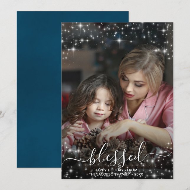 Blessed Full Photo with Sparkles Blue Christmas Holiday Card (Front/Back)