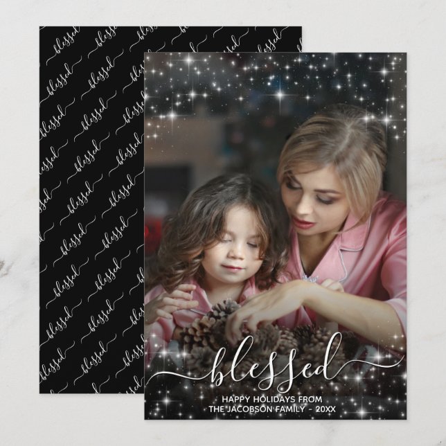 Blessed Full Photo with Sparkles Christmas Holiday Card (Front/Back)