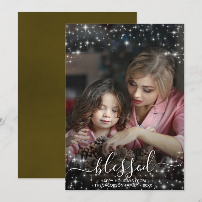 Blessed Full Photo with Sparkles Gold Christmas Holiday Card (Front/Back)