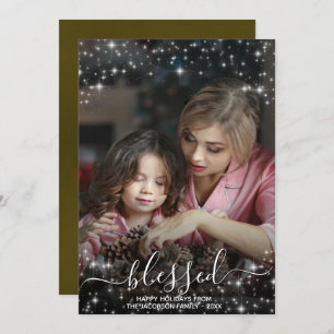Blessed Full Photo with Sparkles Gold Christmas Holiday Card