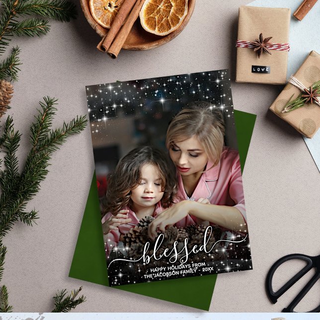 Blessed Full Photo with Sparkles Green Christmas Holiday Card (In Situ on Desktop)