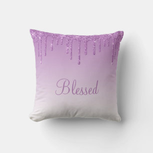 Blessed Glitter Drip Girly Bling Typography Ombré Throw Pillow