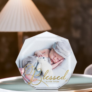 "Blessed" Gold Foil Effect Baby Personalized Photo Block