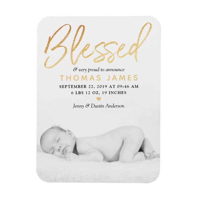 "Blessed" Gold Foil Photo Birth Announcement Magnet (Vertical)
