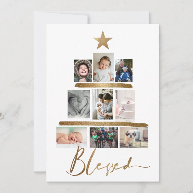 Blessed Gold Script Christmas Tree Photo Collage H (Front)