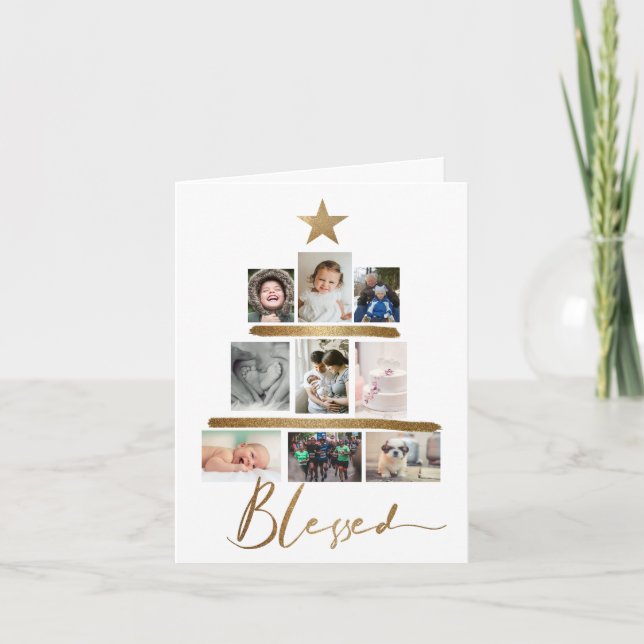 Blessed Gold Script Christmas Tree Photo Collage Holiday Card (Front)