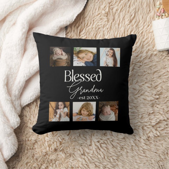 Blessed Grandma est Date with 6 photo collage Throw Pillow (Blanket)