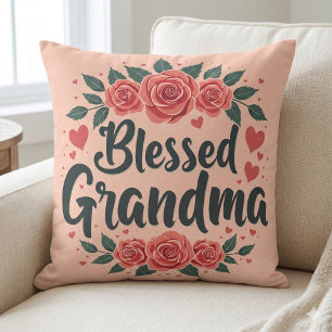 Blessed Grandma Floral Vintage Roses Typography Throw Pillow