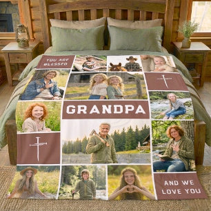 Blessed Grandpa 12 Photo Collage Custom Text Fleece Blanket