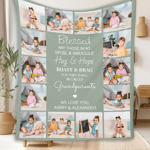 Blessed Grandparents Custom Sage Green 14 Picture Fleece Blanket