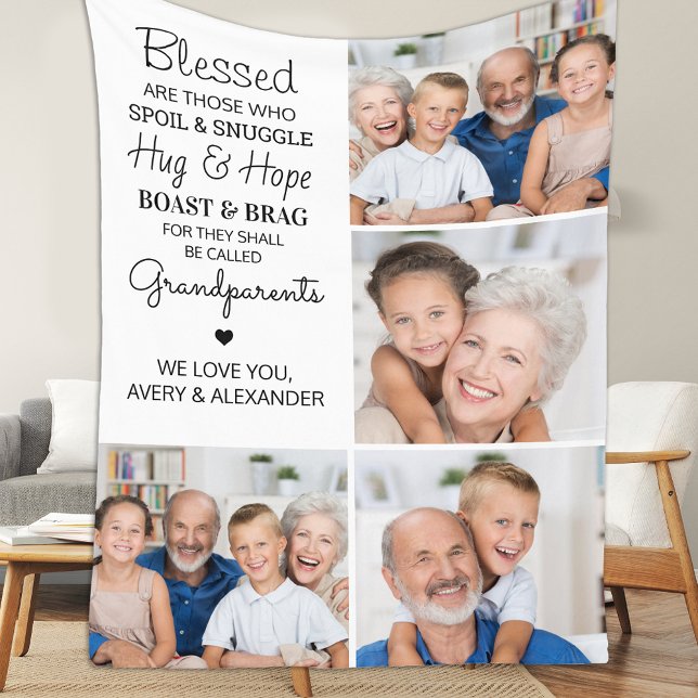 Blessed Grandparents Personalized 4 Photo Collage Fleece Blanket (Creator Uploaded)