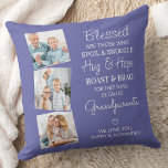 Blessed Grandparents Photo Collage Periwinkle Thro Throw Pillow<br><div class="desc">Celebrate your grandparents with a custom photo collage pillow. This unique grandparents pillow is the perfect gift whether its a birthday, Grandparents day or Christmas. We hope your special keepsake grandparent gift will become a treasured keepsake for years to come. . Quote " Blessed are those who Spoil & Snuggle,...</div>