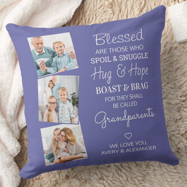 Blessed Grandparents Photo Collage Periwinkle Thro Throw Pillow (Creator Uploaded)