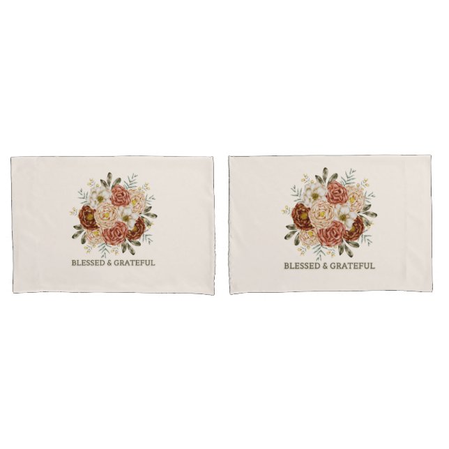 Blessed & Grateful – Watercolor Floral Throw Pillo Pillowcase (Front-Set)